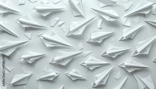 Collage with many paper planes on white background. Origami art