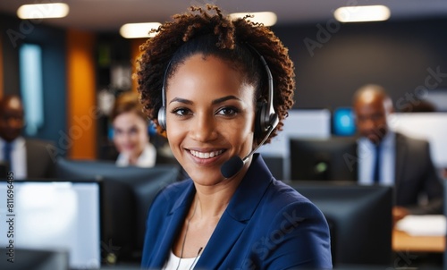 Portrait of smiling african american customer care service with headset attending calls in office. Black mature telemarketing agent working in call center and looking at camera with copy space