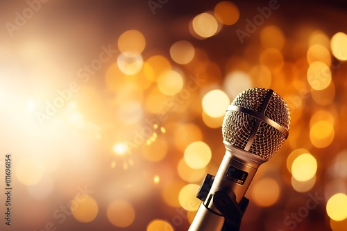 Retro microphone on stage background with bokeh. Music concept