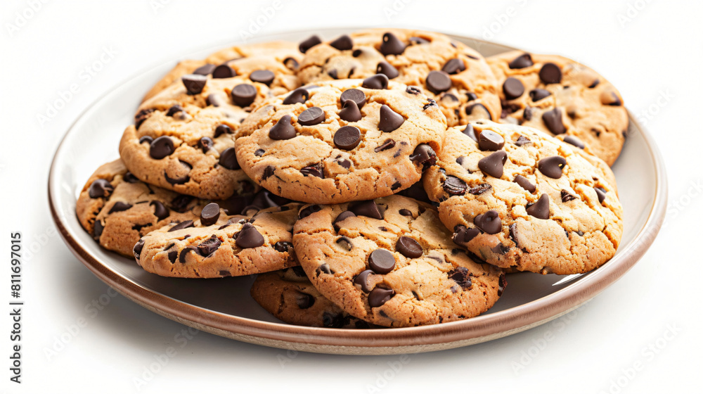 Plate of tasty cookies with chocolate chips on white