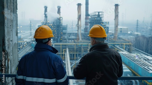 Two engineers in hard hats looking out over an oil refinery. high voltage production plant Power plants, nuclear reactors, energy industries 