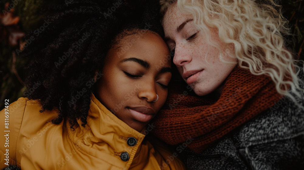 Two women are laying down and hugging each other Two women are laying down and hugging each other