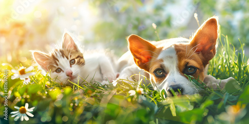 A group of animals are sitting in a pile of green grass The animals include a cat and a dog The cat and dog looking at the camera with blurred background.