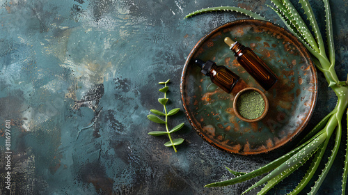 Plate with aloe essential oil on grunge background