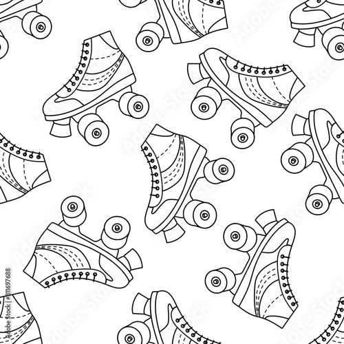 Classic y2k, 90s and 2000s aesthetic. Outline style retro quad roller skates, vintage seamless pattern. Hand-drawn vector illustration.