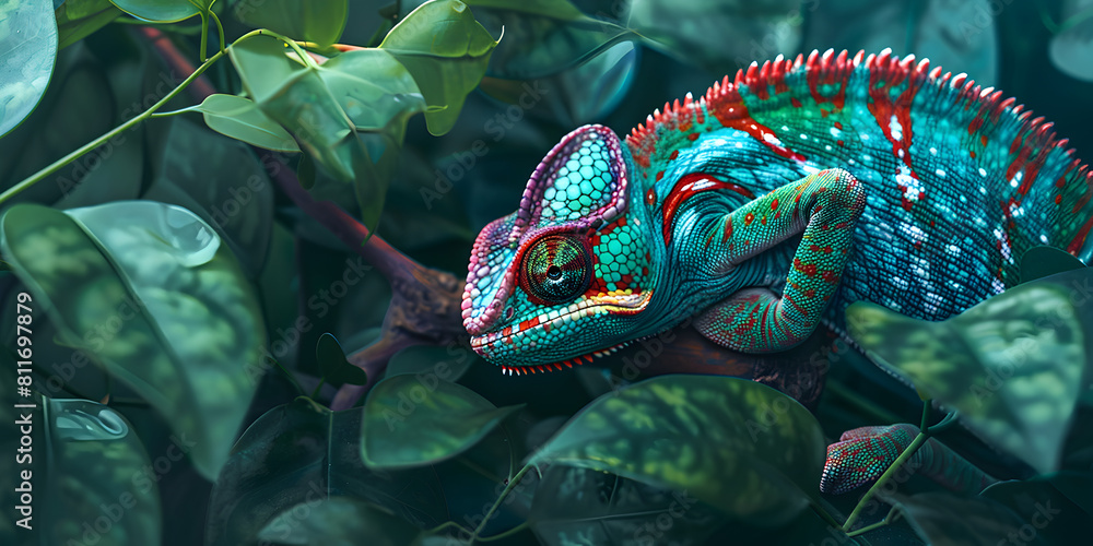 Portrait of Incredibly cute colorful chameleon lizard Exotic wild lizard on a branch in the forest closeup illustration.