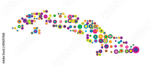 Abstract map of Cuba drawn with overlapping colored circles like sweets or candies