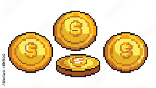  Pixel art gold coins. Cartoon 8bit pixelated money for retro video game.. Concept rotating icon, 16 bit cash gaming elements. Vector illustration set
