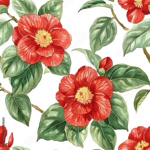 Seamless pattern with red camellia flowers