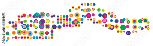 Abstract map of the The Gambia drawn with overlapping colored circles like sweets or candies