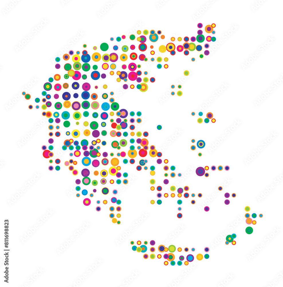 Abstract map of Greece drawn with overlapping colored circles like sweets or candies Abstract map of Greece drawn with overlapping colored circles like sweets or candies