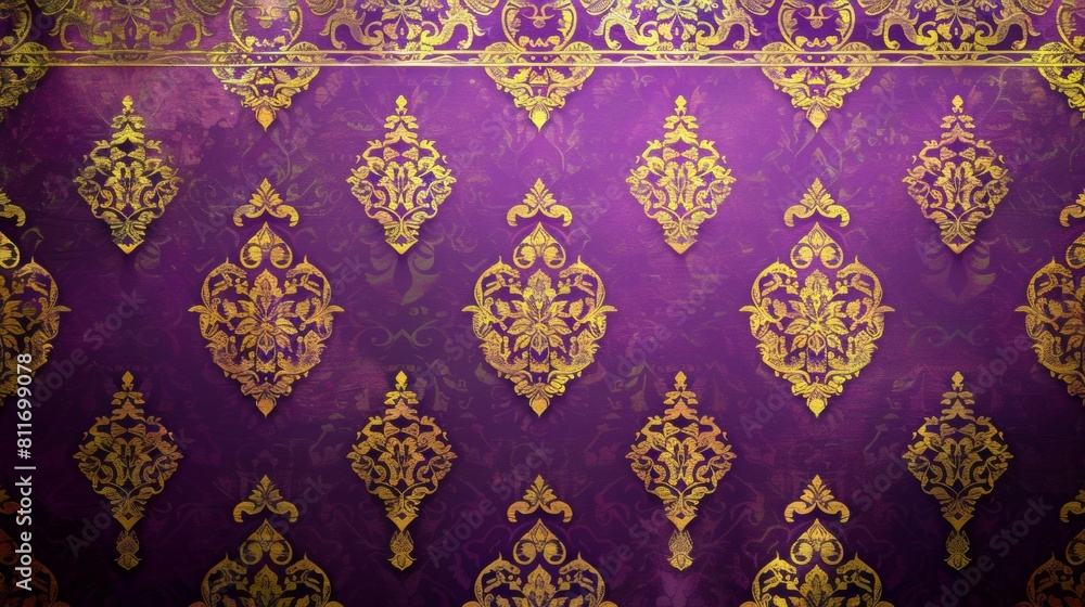 A traditional Thai pattern in gold on purple, featuring symmetrical and ornate designs with an empty central space for text or logo. A traditional Thai pattern in gold on purple, featuring symmetrical and ornate designs with an empty central space for text or logo.
