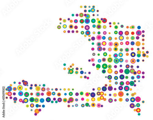 Abstract map of Haiti drawn with overlapping colored circles like sweets or candies