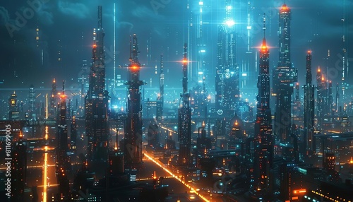 A panoramic view of a blockchainpowered industrial landscape, with factories and machines connected by data links © Nawarit