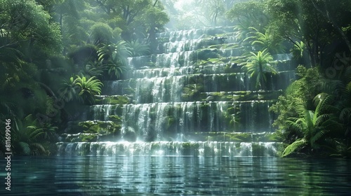 A panoramic view of a series of stepped waterfalls in a tropical rainforest  teeming with exotic wildlife