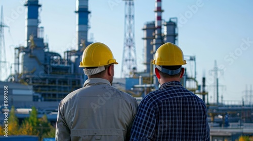 Two engineers in hard hats looking at an oil refinery high voltage production plant Power plants, nuclear reactors, energy industries 