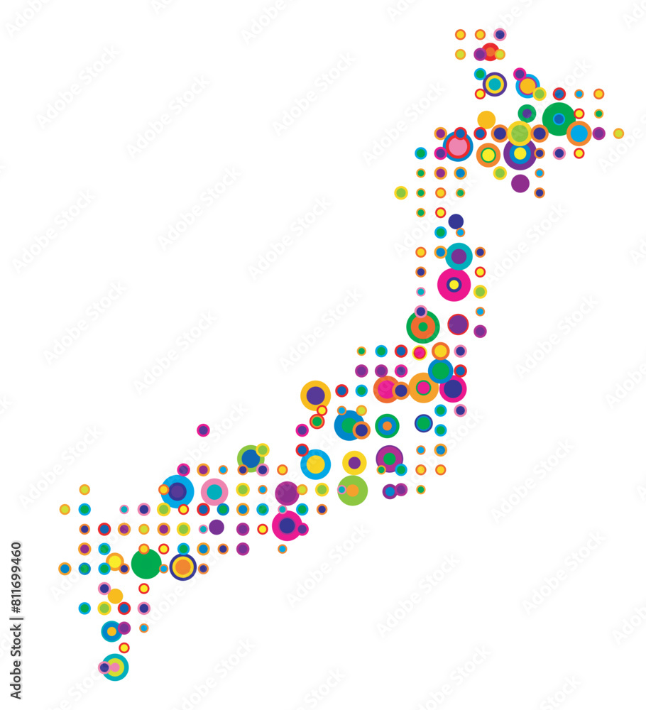 Abstract map of Japan drawn with overlapping colored circles like sweets or candies Abstract map of Japan drawn with overlapping colored circles like sweets or candies