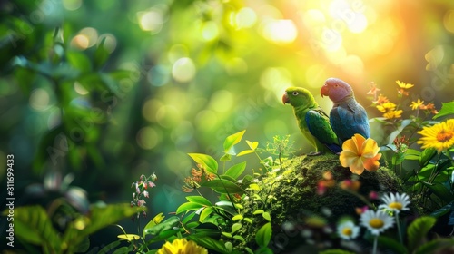A parrot sits on a branch in a lush green forest. The parrot is surrounded by colorful flowers and the sun is shining brightly.
