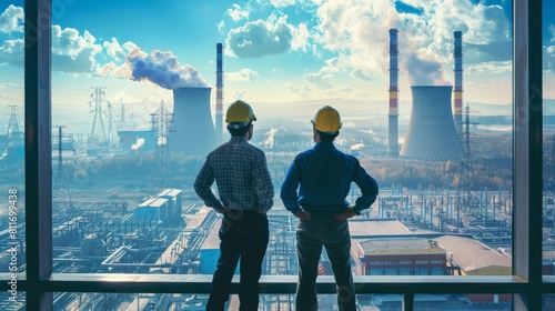 Two engineers looking out at an industrial landscape. high voltage production plant Power plants, nuclear reactors, energy industries
