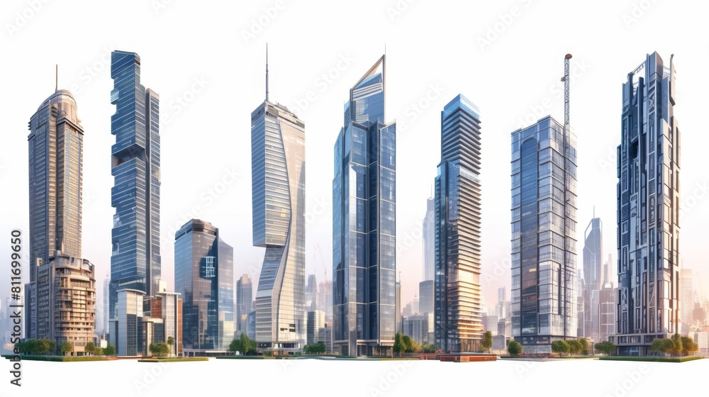Fototapeta premium Skyscraper set, white background, high rise, super tall, giant skyscraper collection, apartment, perspective, contemporary, 3D, bank, property, real estate, smart，Contemporary High-Rise Skyscraper 