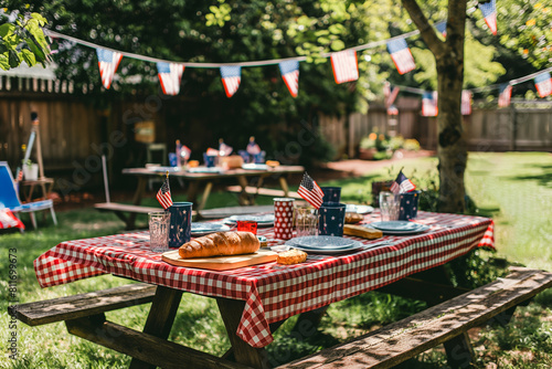 A picnic table covered in vibrant American flags, proudly displaying patriotism, A memorial day barbecue celebration in a backyard decorated with American flags 