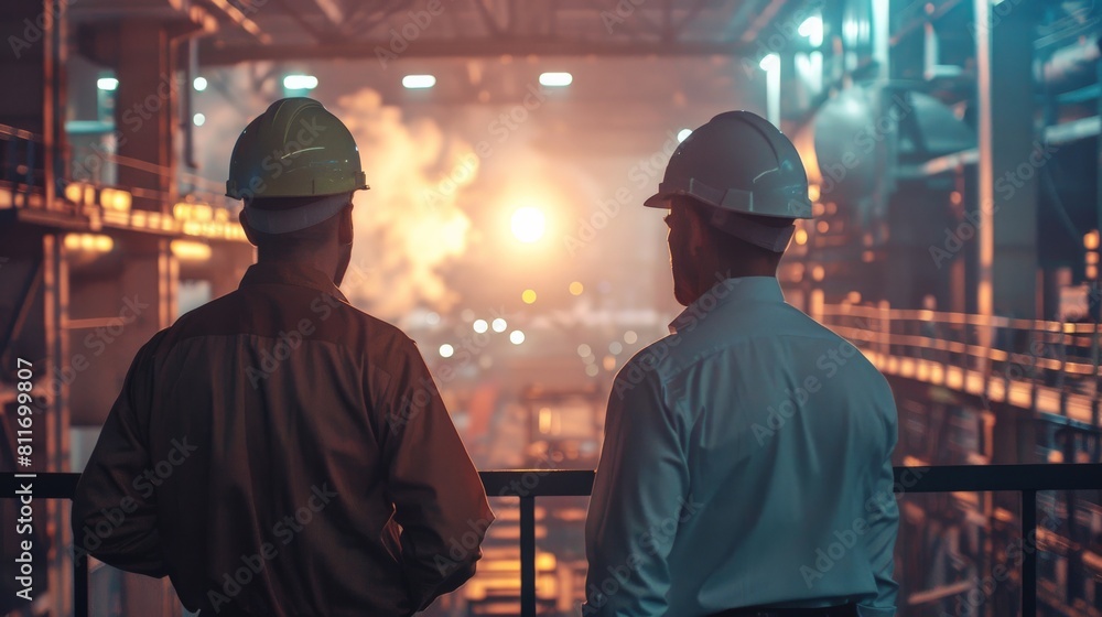 Two engineers in hard hats looking at an industrial high voltage production plant Power plants, nuclear reactors, energy industries

