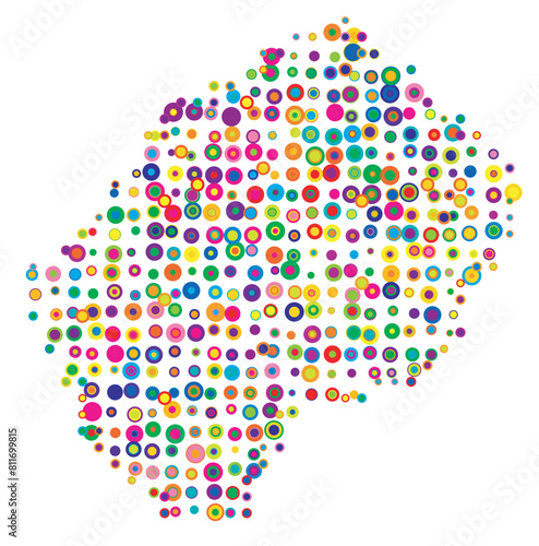 Abstract map of Lesotho drawn with overlapping colored circles like sweets or candies