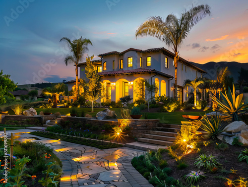 A beautiful home with palm trees and landscaping.