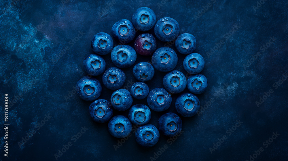 A cluster of dewy blueberries, each with a perfect sheen, arranged in a tight circle and viewed from above, creating a natural mandala on a navy background A cluster of dewy blueberries, each with a perfect sheen, arranged in a tight circle and viewed from above, creating a natural mandala on a navy background