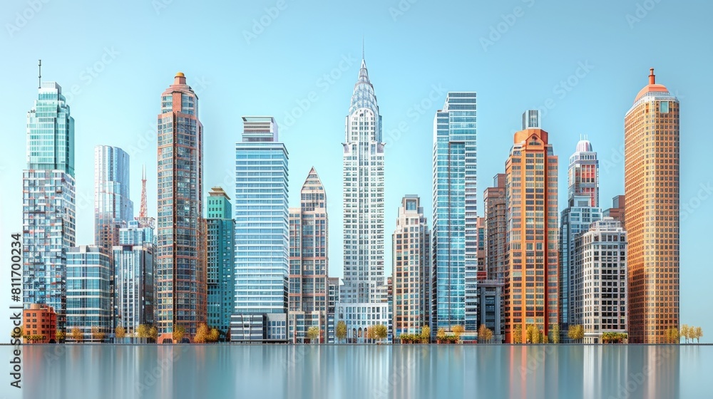 Fototapeta premium Skyscraper set, white background, high rise, super tall, giant skyscraper collection, apartment, perspective, contemporary, 3D, bank, property, real estate, smart，Contemporary High-Rise Skyscraper 