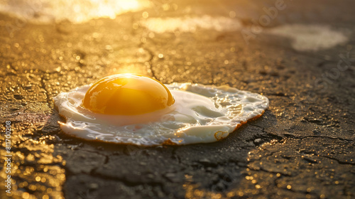 A conceptual image representing heat waves, with a cracked egg frying naturally on the hot, sunlit pavement  photo