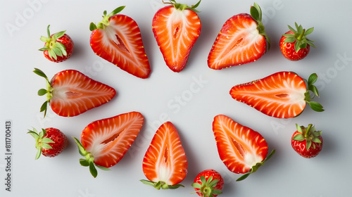 A delicate arrangement of strawberries cut in half, arranged in a circle with the tips pointing outward, on a light grey background 