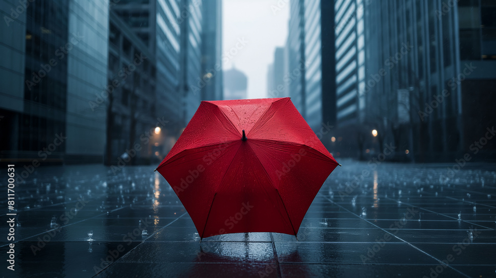 A dramatic scene of a single red umbrella amidst a minimalist, grey cityscape, representing urban isolation during rainy seasons 