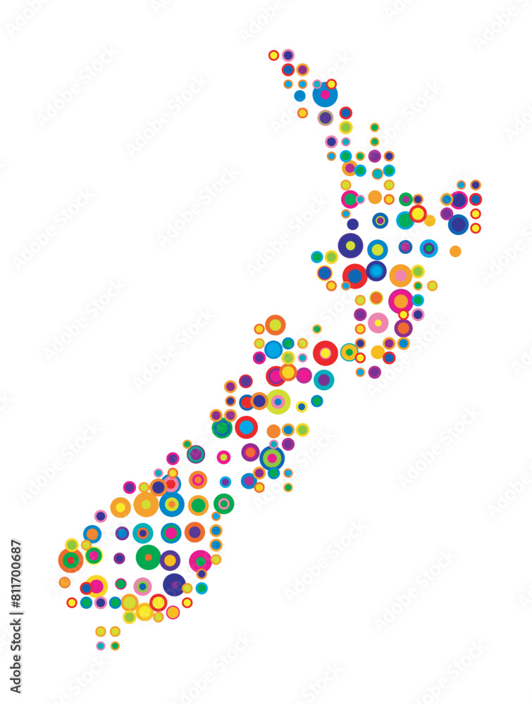 Abstract map of New Zealand drawn with overlapping colored circles like sweets or candies Abstract map of New Zealand drawn with overlapping colored circles like sweets or candies