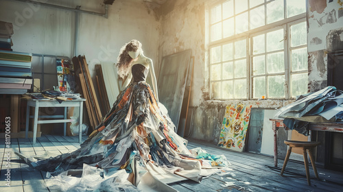A fashion designer’s studio portrayed with a single mannequin dressed in a flowing, multi-textured gown made from recycled materials, spotlighted by natural sunlight 
