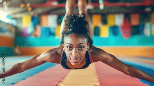 Black woman practicing gymnastics sport, person is focused and enjoying the sport, sports photography generative ai