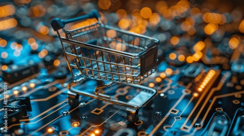 conceptual image of a shopping cart on a circuit board. The image represents the integration of technology and shopping. photo