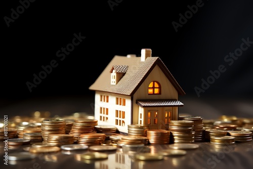 Mortgage concept by house from coins on wooden table background.