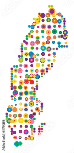 Abstract map of Sweden drawn with overlapping colored circles like sweets or candies