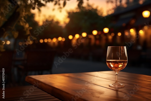 Glass of white wine on a wooden table in a restaurant at sunset photo
