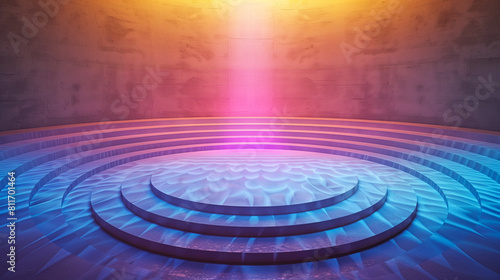 A public speaker’s stage designed as a minimalist circle in the center of an amphitheater, with sound waves visible in the air as colored ripples  photo