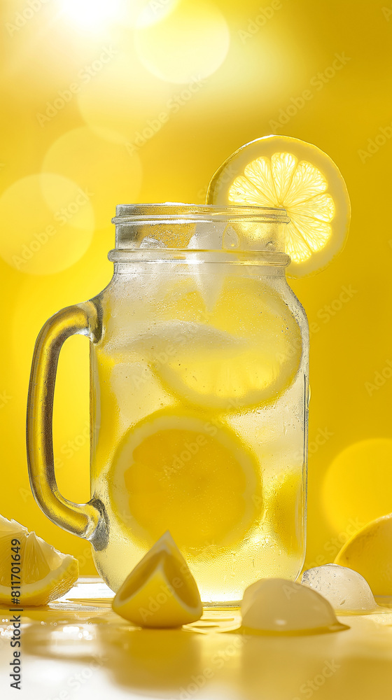 A rustic mason jar filled with homemade lemonade, fresh lemon slices visible, set against a sunny yellow-to-white gradient background A rustic mason jar filled with homemade lemonade, fresh lemon slices visible, set against a sunny yellow-to-white gradient background