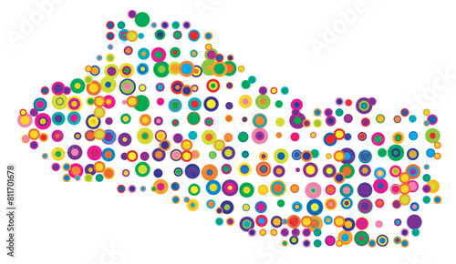 Abstract map of El Salvador drawn with overlapping colored circles like sweets or candies