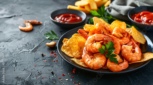 Plate with tasty potato chips and shrimps on table