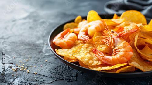 Plate with tasty potato chips and shrimps on table