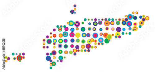 Abstract map of East Timor drawn with overlapping colored circles like sweets or candies