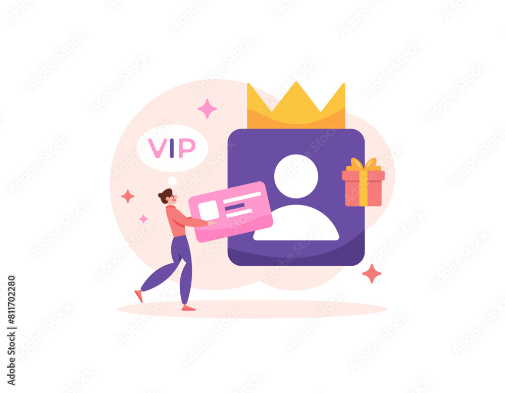 a membership concept. join to become a VIP member. priority, premium, or exclusive accounts. privileged members. a man brings a membership card. benefits and rewards. illustration concept design a membership concept. join to become a VIP member. priority, premium, or exclusive accounts. privileged members. a man brings a membership card. benefits and rewards. illustration concept design