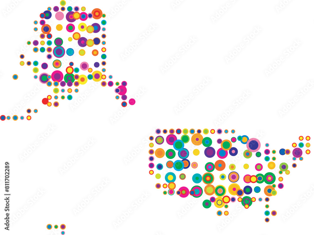 Abstract map of the United States of America + Alaska drawn with overlapping colored circles like sweets or candies Abstract map of the United States of America + Alaska drawn with overlapping colored circles like sweets or candies