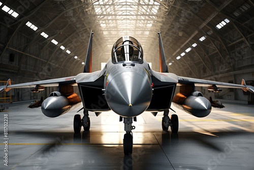 Military fighter jet in the hangar. 3d rendering toned image