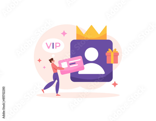 a membership concept. join to become a VIP member. priority, premium, or exclusive accounts. privileged members. a man brings a membership card. benefits and rewards. illustration concept design